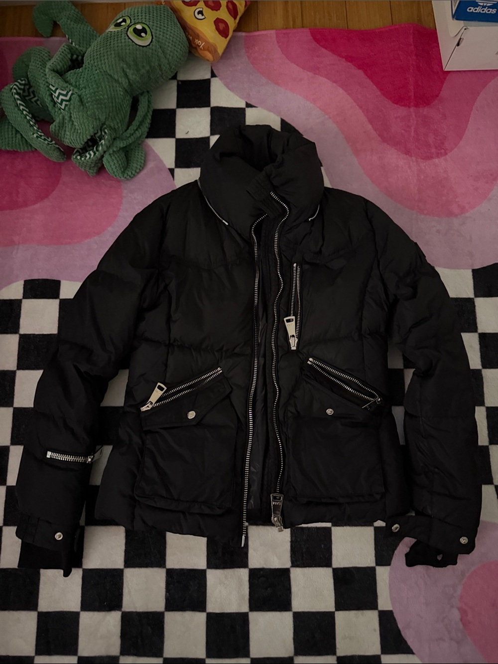 SAM. Black Quilted Puffer Jacket with Zip Pocket Accents